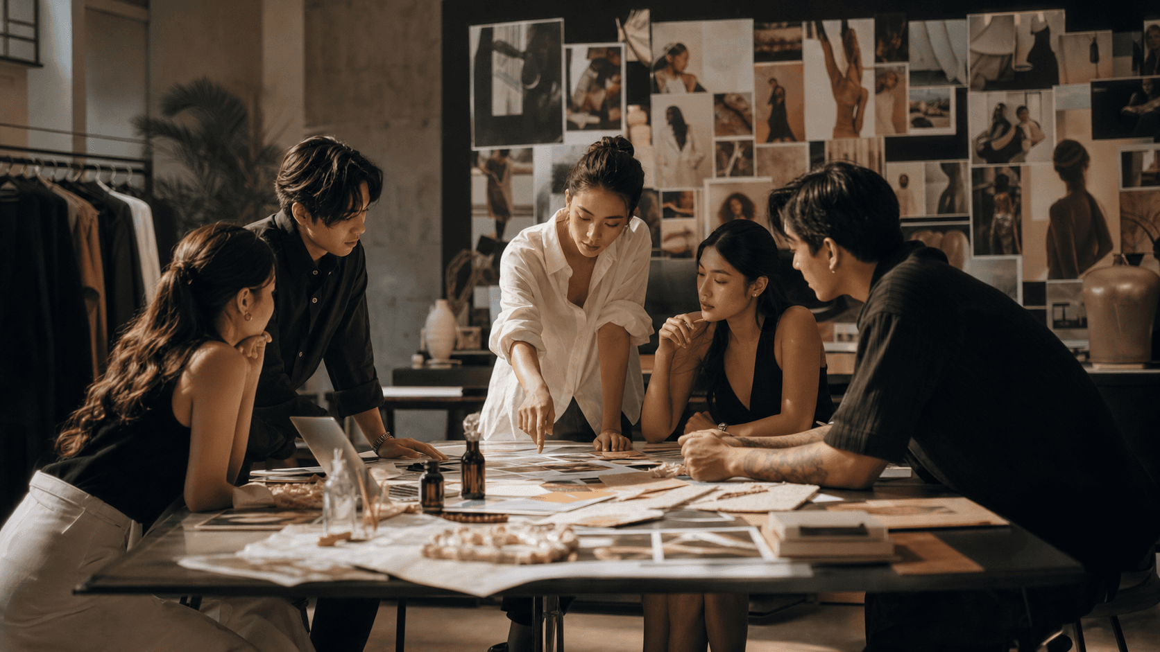 Creative partnership team reviewing campaign references and brand direction in studio.